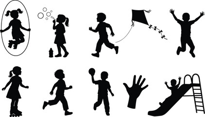 Children Playing Silhouettes Set, Kids Jumping, Skating, Bubbles, Kite, and Slide Vector Collection for Family Activities