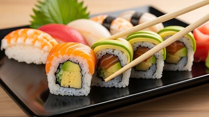 Delicious assortment of fresh sushi rolls and nigiri on plate