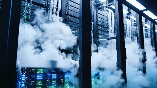 Data center with server racks emitting cloud-like vapor, illuminated with cool blue and green light - Powered by Adobe