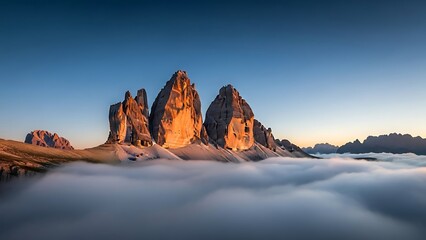 Tre cime di lavaredo mountains above sea of fog at sunrise