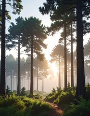Sunlight filters through tall trees, illuminating a forest path