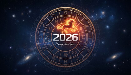 Digital illustration featuring the year 2026 with "Happy New Year" text, surrounded by zodiac signs and a fiery horse silhouette against a starry, cosmic background.