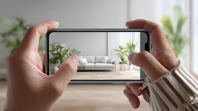 Shopper uses shoppable links in a virtual home tour seamlessly selecting and purchasing items like lighting and textiles through clickable hotspots.