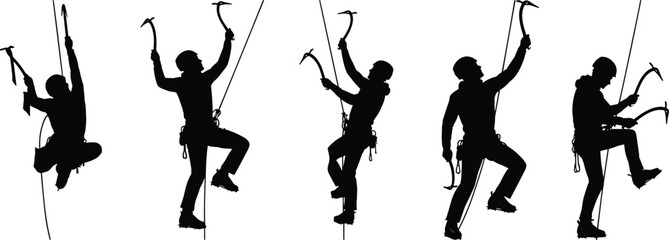 Mountaineering Ice Climbing Silhouette Vector Set, Alpinist Ascending Steep Mountain Rope Wall with Ice Axe, Adventure Sport Concept, Isolated Black Icons