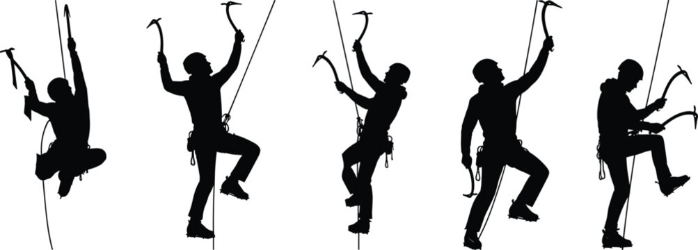 Mountaineering Ice Climbing Silhouette Vector Set, Alpinist Ascending Steep Mountain Rope Wall with Ice Axe, Adventure Sport Concept, Isolated Black Icons