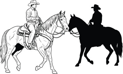 Western Cowboy Line Art and Silhouette Illustration Depicting Horseback Riders, Ranch Life, Traditional Riding Gear, and Equestrian Sports Theme for Design Projects