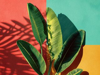 Banana leaves and palm fronds on bright pastel geometric background top view realistic photo