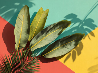 Bold geometric pastel background with banana palm leaves realistic style