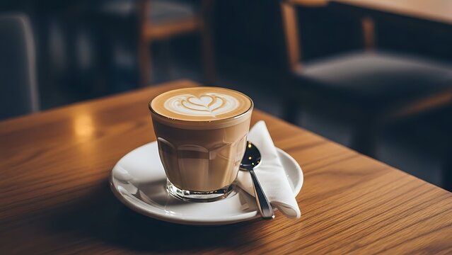Glass of latte art coffee with heart design on wooden table