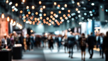 Blurred indoor event with many people and warm overhead lights.