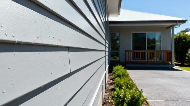 Medium view of a modern house exterior with selfcleaning siding demonstrating minimal dirt adherence under various weather challenges.