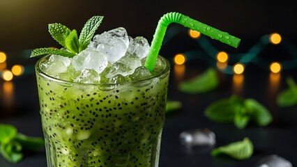 Refreshing green chia seed drink with mint and ice cubes