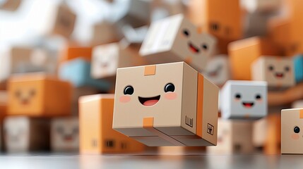 A group of smiling boxes with cute faces are floating in a playful, cartoon-like environment.