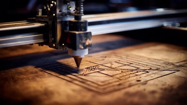 Medium shot of hybrid lasermechanical engraving creating a shallow etched pattern on a wooden surface highlighting precise depth control and fine detail work.