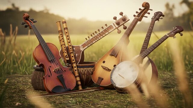 Assortment of string and wind musical instruments resting in tall grass outdoors