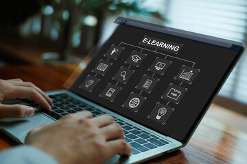 Digital e-learning interface with education icons displayed on a laptop, representing online learning, virtual classes, knowledge development, training systems, and modern educational technology.