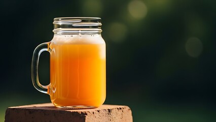Fresh orange juice in a glass mug outdoors on a brick