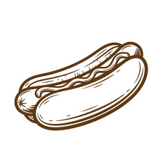 Hand drawn illustration of a delicious hot dog with mustard in a vintage sketch style