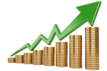 Rising stack of gold coins with upward green arrow graph