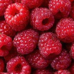 A fresh stack of ripe raspberries piled together, showcasing vibrant red color, soft texture, and delicate drupelets. Perfect for healthy food themes, organic produce visuals, and clean backgrounds.