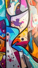 Vibrant graffiti art featuring abstract shapes, bold lines, and a dynamic mix of colors on a textured surface.