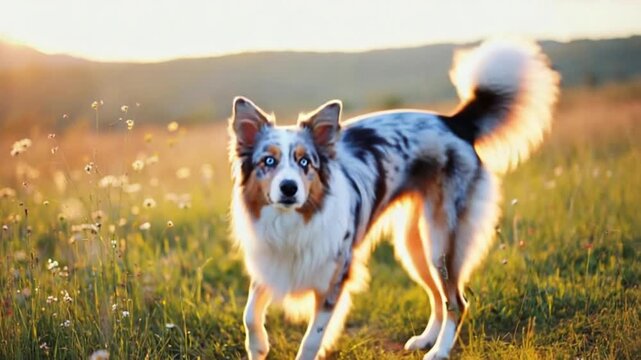Australian shepherd sitting in a field of flowers at sunset with a serene and peaceful look dog video
