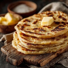 Delicious homemade norwegian potato flatbread garnished with butter and sugar on rustic board