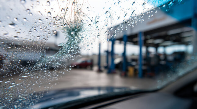 Cracked wet windshield viewed from inside car.