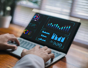 Digital business analytics dashboard with data charts, performance graphs, and visualization tools displayed on a laptop, representing financial analysis, KPI tracking, insights.