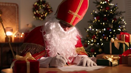 Saint Nicholas with gift and letters at desk in room decorated for Christmas. Camera moving forward