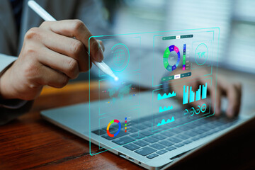 Digital data analytics dashboard with charts and graphs being controlled by a stylus pen, representing smart data visualization, business analysis, financial insights.