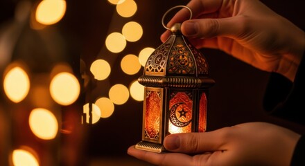 Holding Lantern with Warm Light and Blurred Lights Background