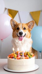 A smiling corgi dog sits behind a birthday cake decorated with fruit and candles, with balloons and a banner in the background.