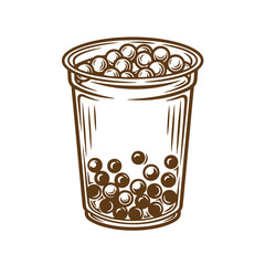 Hand drawn sketch vintage style illustration of a refreshing bubble tea drink in a plastic cup