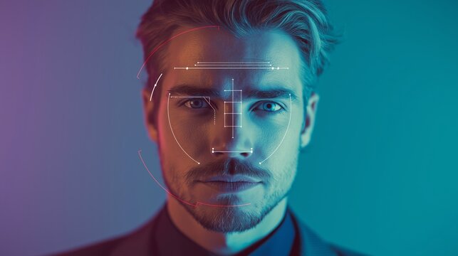 A Modern Portrait of a Confident Man with Futuristic Facial Recognition Technology Overlaid, Highlighting Advanced Digital Aesthetics