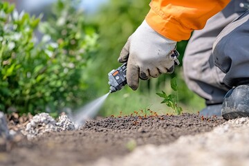 A person spraying plants in a garden for pest control or irrigation.