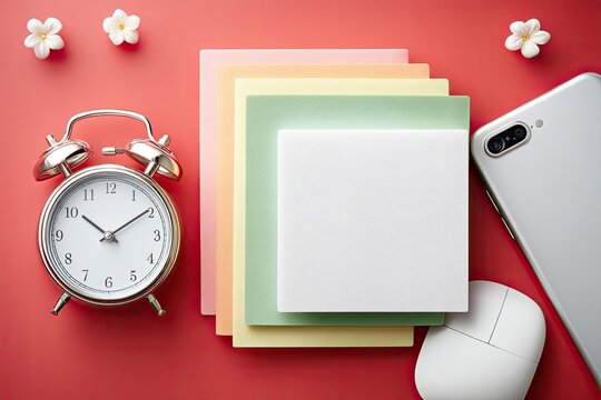 Overhead shot of a silver alarm clock, a smartphone, a computer mouse, and colorful sticky notes on a red background, with flowers.