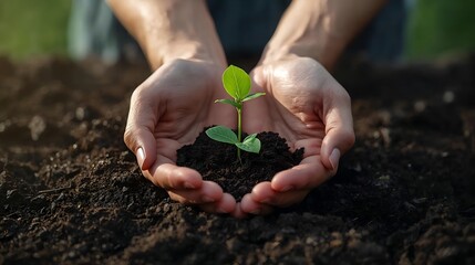 Hands gently holding a small seedling in rich soil, embodying the care and growth of nature and spring gardening