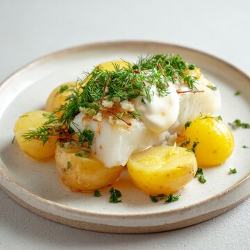 Authentic lutefisk dish featuring cod and potatoes served on a classic white plate