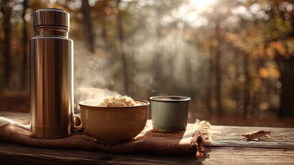 A steaming bowl of food beside a thermos and cup, set against a blurred autumn backdrop, evoking warmth and comfort in a natural setting.