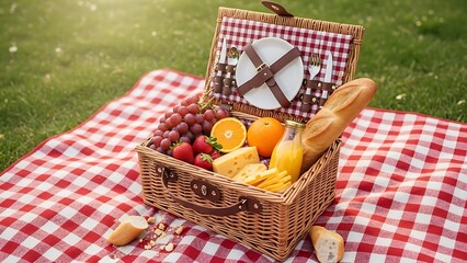 Perfect Summer Picnic Basket Filled with Fresh Fruits, Savory Snacks, and Refreshing Beverages, Set on a Vibrant Gingham Blanket in a Sunny Park
