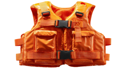 Orange life jacket providing water safety and flotation, personal protective gear for rescue and survival, transparent background
