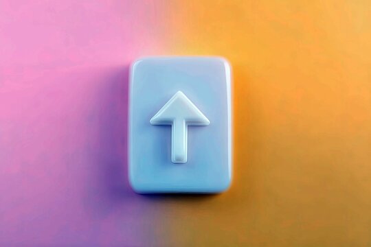Close-up of a 3D arrow icon pointing upwards on a rectangular button, set against a vibrant gradient background.