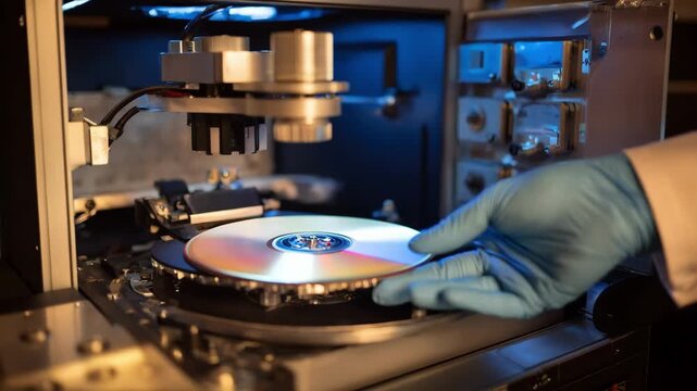 Medium shot of technician placing master CD into duplication machine for highquality small batch CD production.
