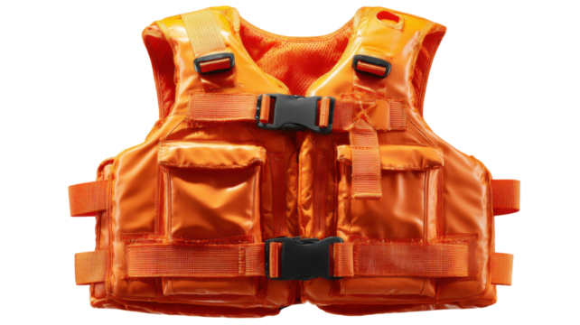 Orange life jacket providing water safety and flotation, personal protective gear for rescue and survival, transparent background