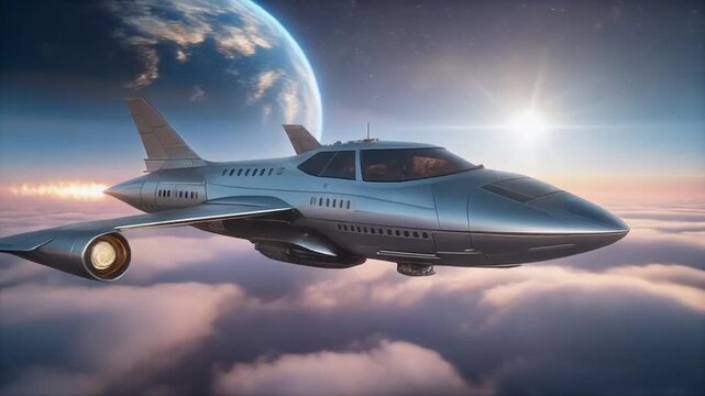 Futuristic Spacecraft Soaring Above the Clouds at Sunrise with Fiery Thrusters and Star-Filled Horizon