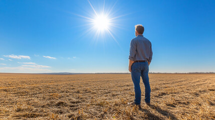 A person stands in a vast field, gazing at the bright sun.