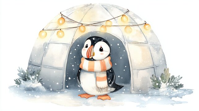 A cute penguin in a scarf stands outside an igloo decorated with lights, surrounded by snow, conveying a cozy winter atmosphere.