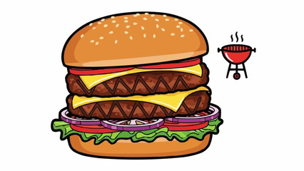 Delicious Double Cheeseburger with Fresh Toppings and Grill Icon.