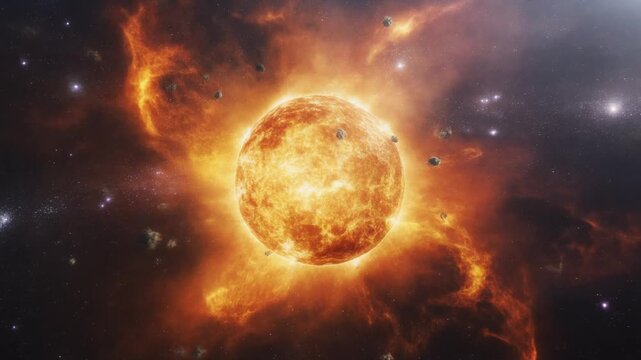 Explosive Fiery Sun Sphere with Solar Flares and Plasma Arcs in Deep Space, Glowing Stellar Energy Ball on Dark Cosmic Background